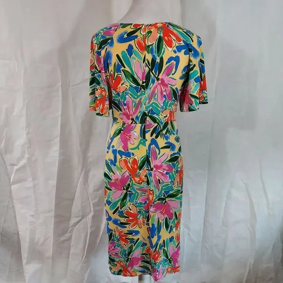 Maggy London Faux Wrap Dress Short Flutter Sleeves Womens Size 8 Colorful Floral - Picture 8 of 14